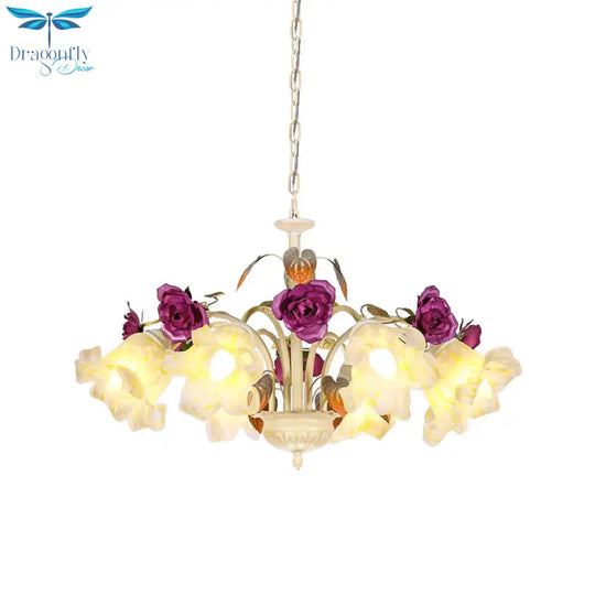 Purple Floral Ceiling Light Countryside White Glass 3/5/6 Bulbs Dining Room Hanging Chandelier