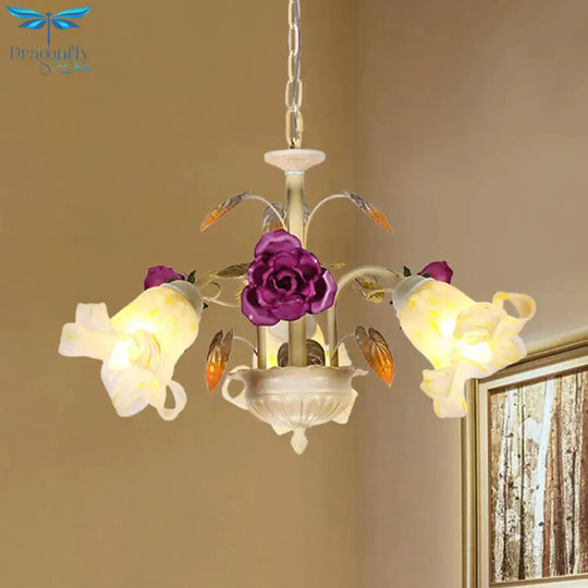 Purple Floral Ceiling Light Countryside White Glass 3/5/6 Bulbs Dining Room Hanging Chandelier