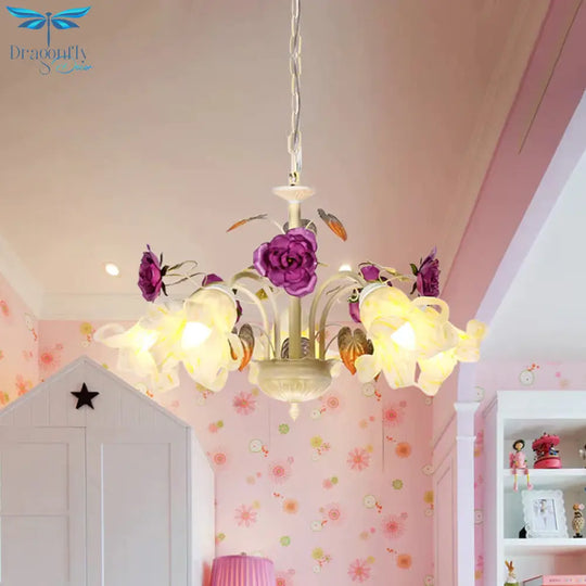 Purple Floral Ceiling Light Countryside White Glass 3/5/6 Bulbs Dining Room Hanging Chandelier