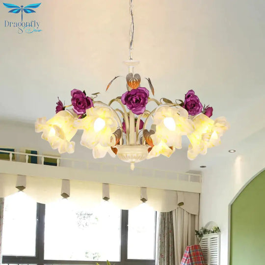 Purple Floral Ceiling Light Countryside White Glass 3/5/6 Bulbs Dining Room Hanging Chandelier