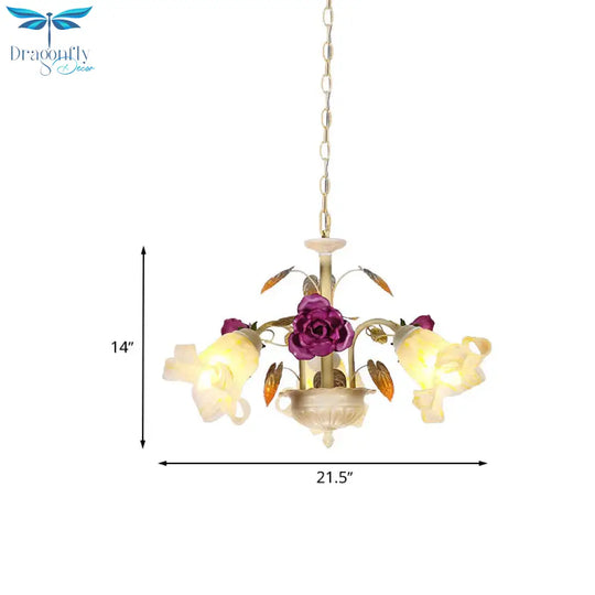 Purple Floral Ceiling Light Countryside White Glass 3/5/6 Bulbs Dining Room Hanging Chandelier