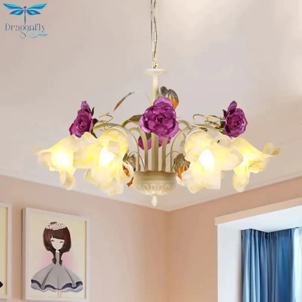 Purple Floral Ceiling Light Countryside White Glass 3/5/6 Bulbs Dining Room Hanging Chandelier