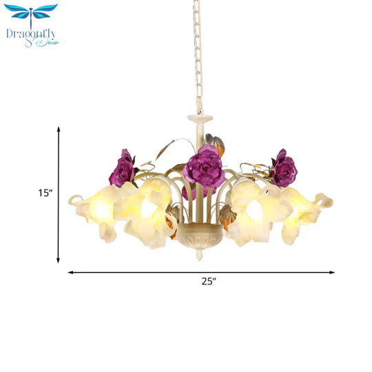 Purple Floral Ceiling Light Countryside White Glass 3/5/6 Bulbs Dining Room Hanging Chandelier