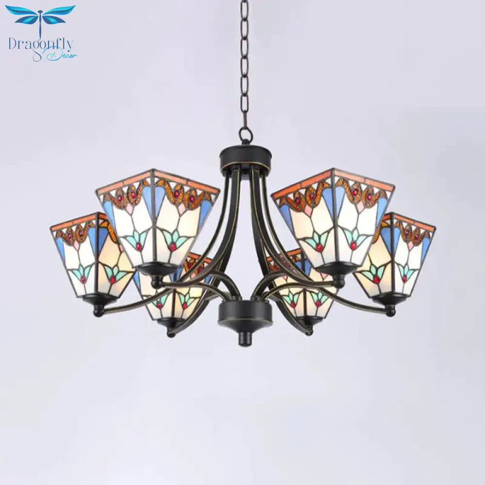 Pyramid Cut Glass Chandelier Lighting Fixture Mediterranean 3/6/8 Lights Blue And Orange/Pink