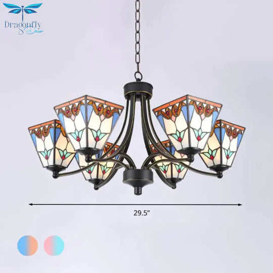 Pyramid Cut Glass Chandelier Lighting Fixture Mediterranean 3/6/8 Lights Blue And Orange/Pink