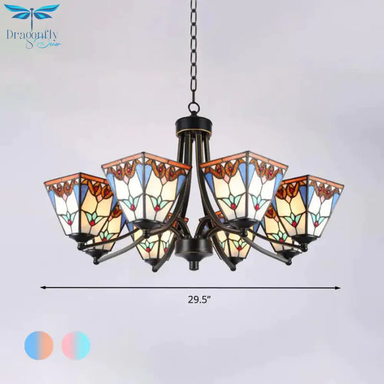 Pyramid Cut Glass Chandelier Lighting Fixture Mediterranean 3/6/8 Lights Blue And Orange/Pink