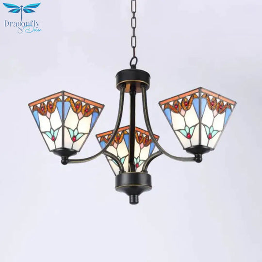 Pyramid Cut Glass Chandelier Lighting Fixture Mediterranean 3/6/8 Lights Blue And Orange/Pink