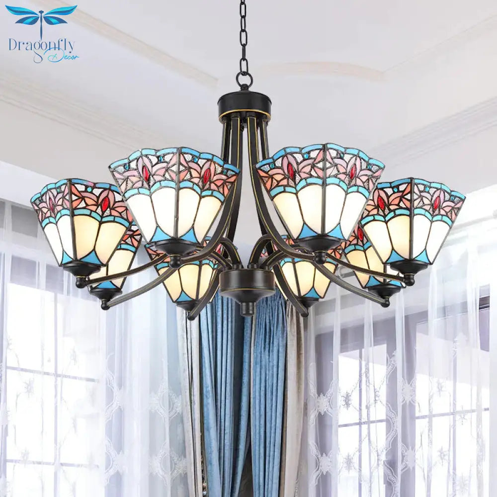 Pyramid Cut Glass Chandelier Lighting Fixture Mediterranean 3/6/8 Lights Blue And Orange/Pink