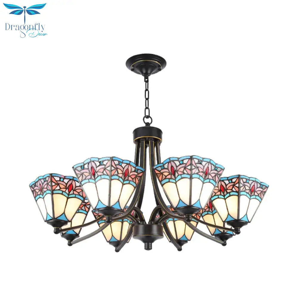 Pyramid Cut Glass Chandelier Lighting Fixture Mediterranean 3/6/8 Lights Blue And Orange/Pink