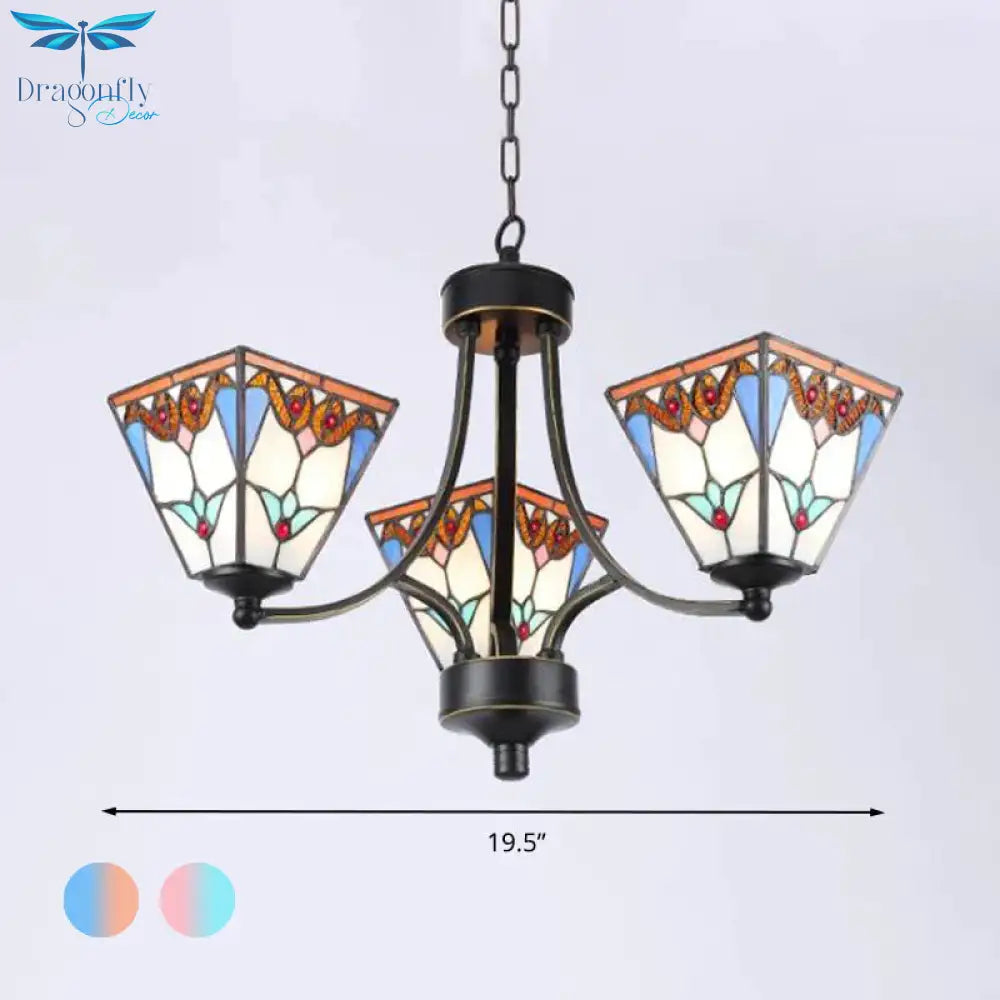 Pyramid Cut Glass Chandelier Lighting Fixture Mediterranean 3/6/8 Lights Blue And Orange/Pink