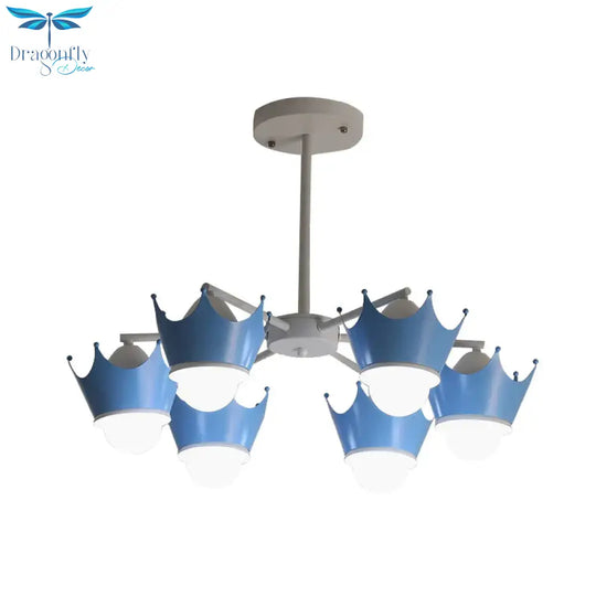 Radial Iron Ceiling Chandelier Kid 6/8 Bulbs Yellow/Blue Hanging Pendant Light With Crown Lamp Shade