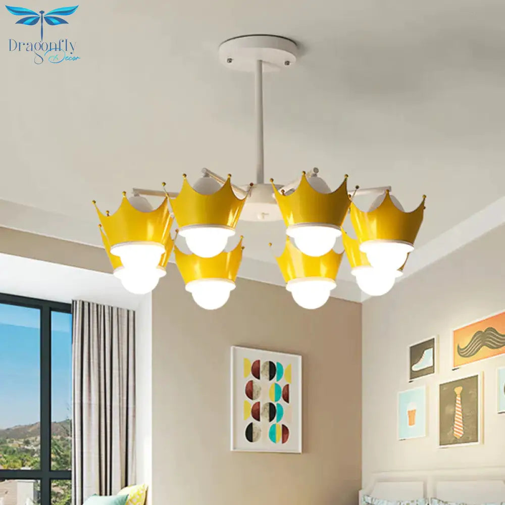 Radial Iron Ceiling Chandelier Kid 6/8 Bulbs Yellow/Blue Hanging Pendant Light With Crown Lamp Shade
