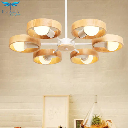 Radial Wood Chandelier Lighting Fixture Simple Style 6 Lights White Ceiling Pendant Light