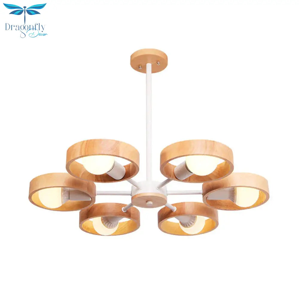 Radial Wood Chandelier Lighting Fixture Simple Style 6 Lights White Ceiling Pendant Light