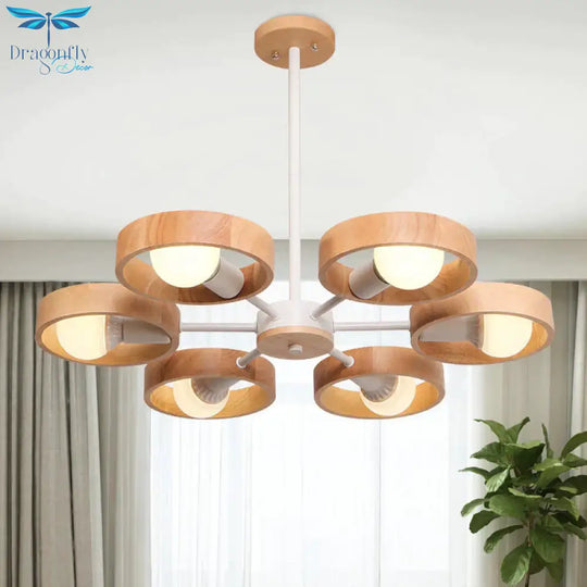 Radial Wood Chandelier Lighting Fixture Simple Style 6 Lights White Ceiling Pendant Light