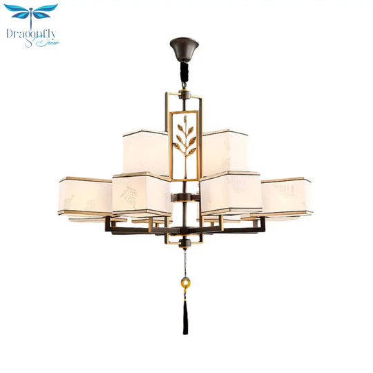 Rectangle Fabric Ceiling Chandelier Classic 6/8/12 Lights Living Room Pendant Lamp In Black With