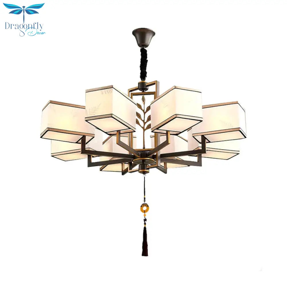 Rectangle Fabric Ceiling Chandelier Classic 6/8/12 Lights Living Room Pendant Lamp In Black With