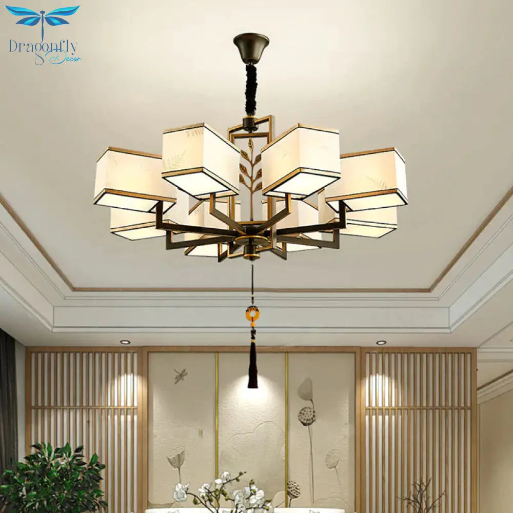 Rectangle Fabric Ceiling Chandelier Classic 6/8/12 Lights Living Room Pendant Lamp In Black With