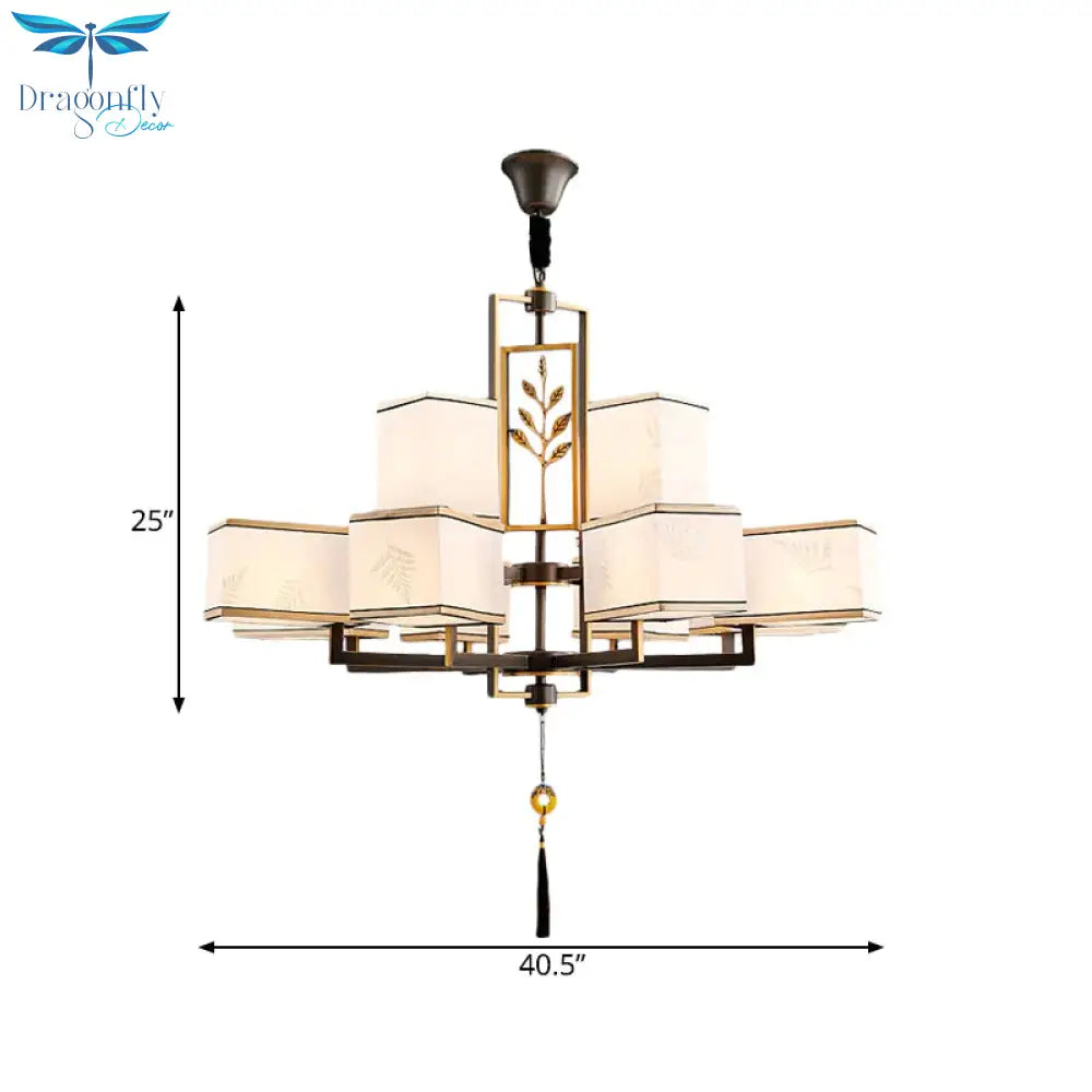Rectangle Fabric Ceiling Chandelier Classic 6/8/12 Lights Living Room Pendant Lamp In Black With
