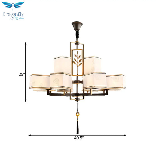 Rectangle Fabric Ceiling Chandelier Classic 6/8/12 Lights Living Room Pendant Lamp In Black With