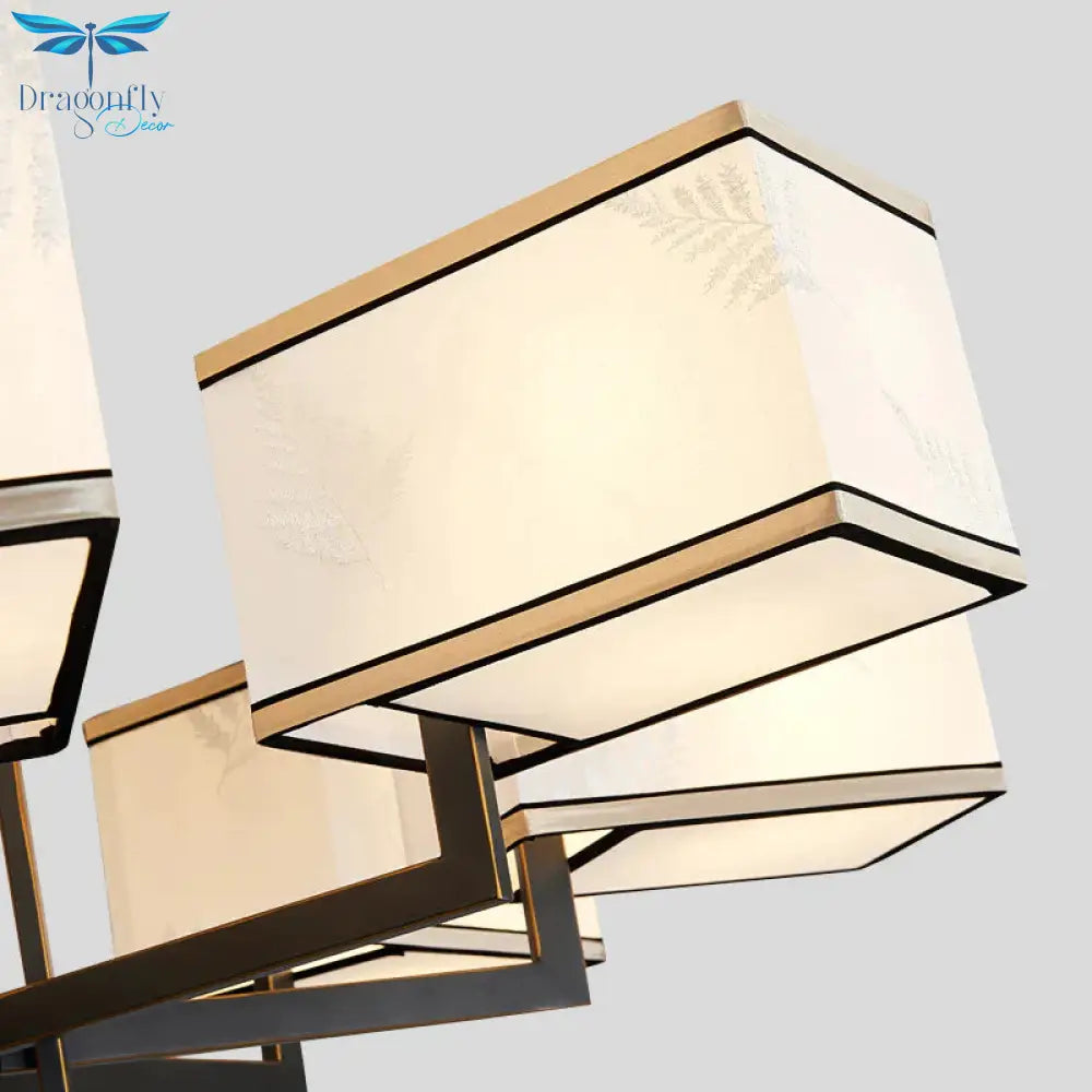Rectangle Fabric Ceiling Chandelier Classic 6/8/12 Lights Living Room Pendant Lamp In Black With