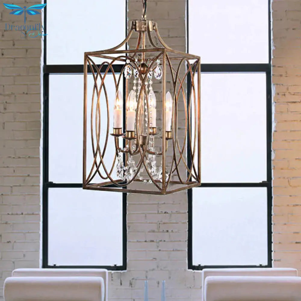 Rectangle Living Room Hanging Lamp Traditional Metal 4 Bulbs Brass Chandelier Pendant Light With