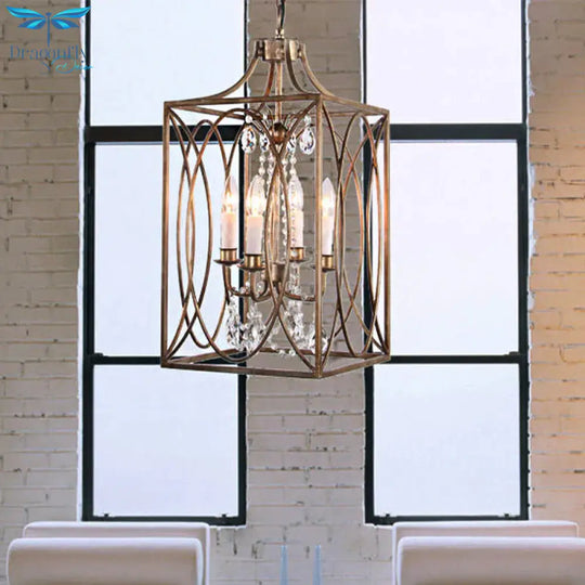 Rectangle Living Room Hanging Lamp Traditional Metal 4 Bulbs Brass Chandelier Pendant Light With