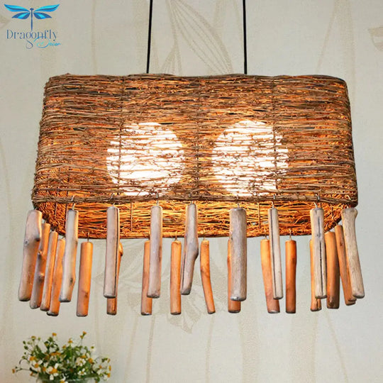 Rectangle Rattan Chandelier Light Chinese 2 Bulbs Brown Suspended Lighting Fixture