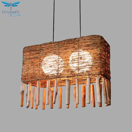 Rectangle Rattan Chandelier Light Chinese 2 Bulbs Brown Suspended Lighting Fixture