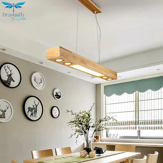 Rectangular Wood Chandelier Light Contemporary Led 31.5’/47’ Wide Beige Hanging Ceiling Lamp In Warm