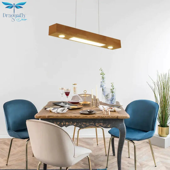 Rectangular Wood Chandelier Light Contemporary Led 31.5’/47’ Wide Beige Hanging Ceiling Lamp In Warm