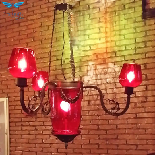 Red Glass Black Ceiling Chandelier Cup Shaped 4 Heads Art Deco Suspension Pendant Light