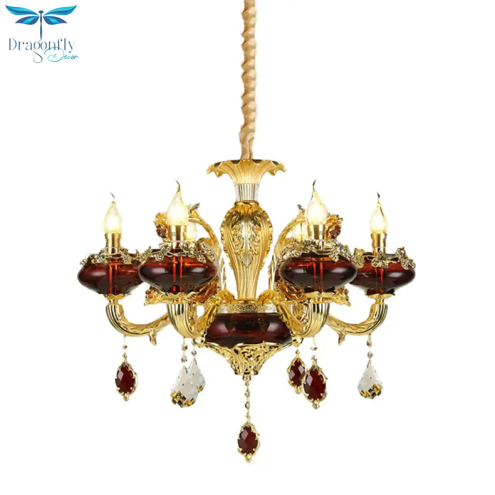 Red Glass Candelabra Chandelier Vintage 6 - Head Suspended Lighting Fixture Over Dining Table