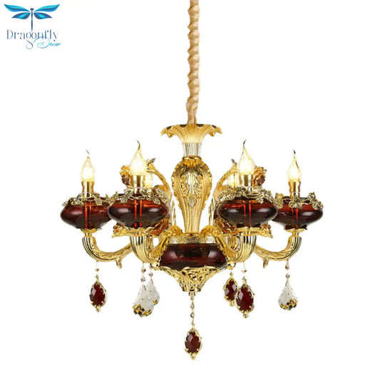 Red Glass Candelabra Chandelier Vintage 6 - Head Suspended Lighting Fixture Over Dining Table