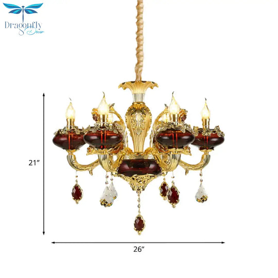 Red Glass Candelabra Chandelier Vintage 6 - Head Suspended Lighting Fixture Over Dining Table