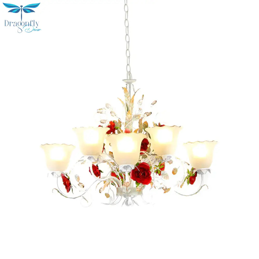 Red Rose Pendant Ceiling Light Pastoral Style White Glass 3/5/8 Heads Living Room Chandelier Lamp