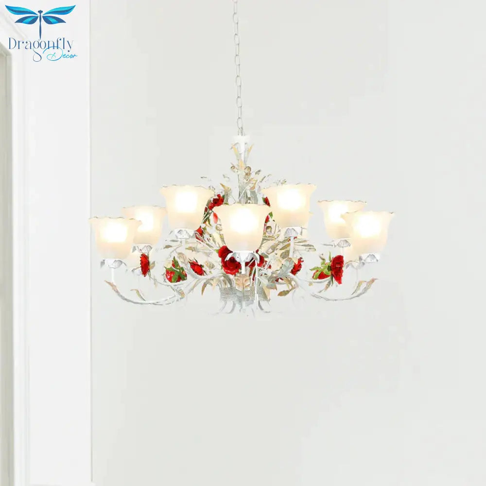 Red Rose Pendant Ceiling Light Pastoral Style White Glass 3/5/8 Heads Living Room Chandelier Lamp
