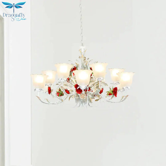 Red Rose Pendant Ceiling Light Pastoral Style White Glass 3/5/8 Heads Living Room Chandelier Lamp