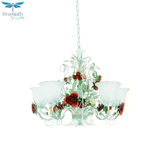 Red Rose Pendant Ceiling Light Pastoral Style White Glass 3/5/8 Heads Living Room Chandelier Lamp