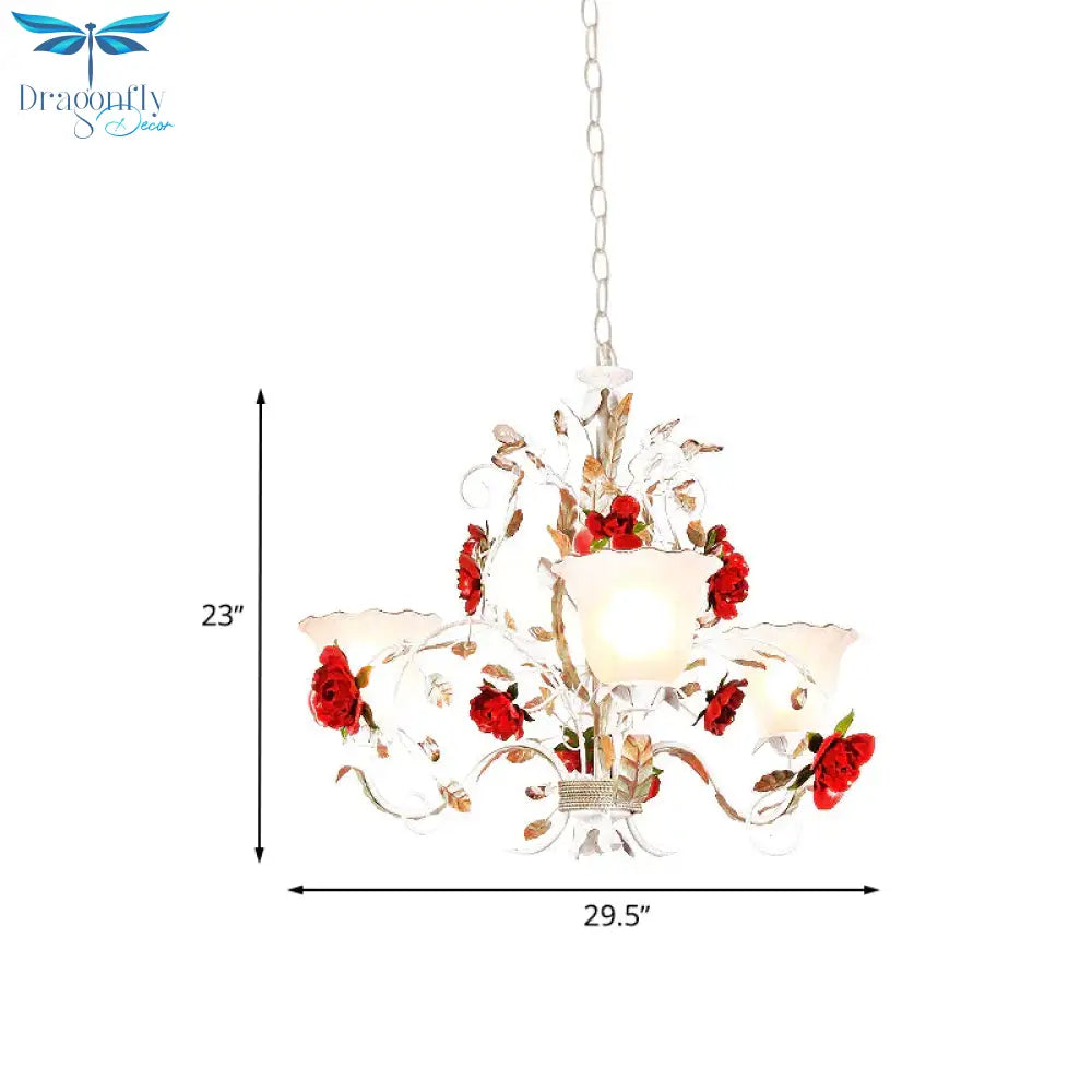 Red Rose Pendant Ceiling Light Pastoral Style White Glass 3/5/8 Heads Living Room Chandelier Lamp