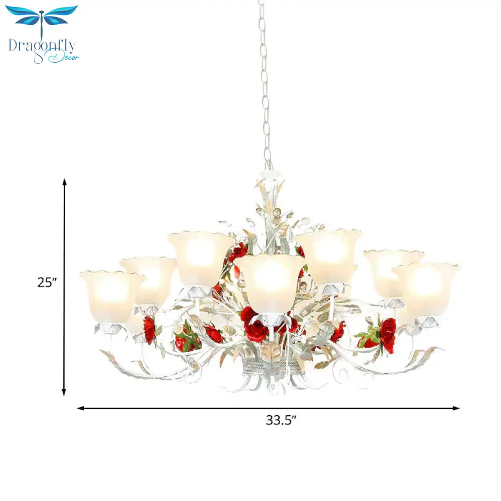 Red Rose Pendant Ceiling Light Pastoral Style White Glass 3/5/8 Heads Living Room Chandelier Lamp