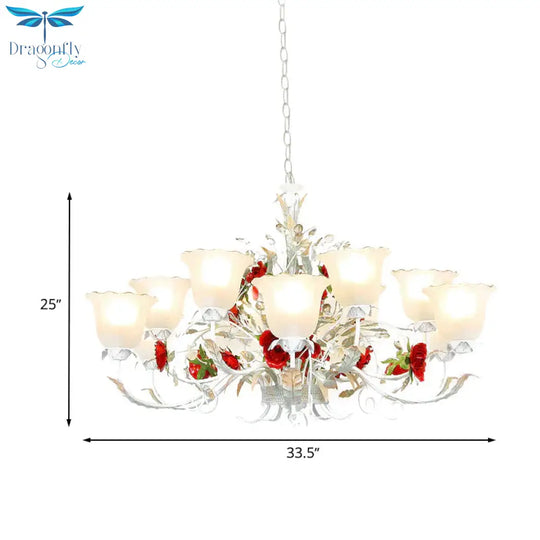 Red Rose Pendant Ceiling Light Pastoral Style White Glass 3/5/8 Heads Living Room Chandelier Lamp