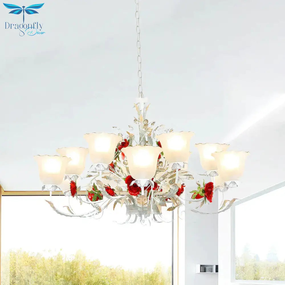 Red Rose Pendant Ceiling Light Pastoral Style White Glass 3/5/8 Heads Living Room Chandelier Lamp