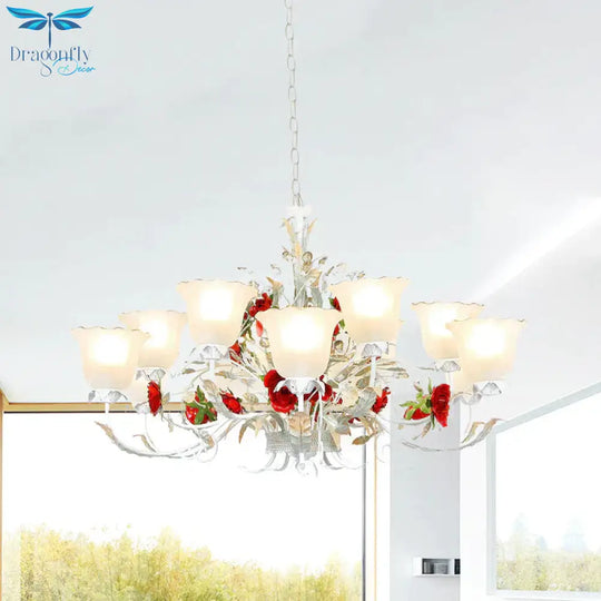 Red Rose Pendant Ceiling Light Pastoral Style White Glass 3/5/8 Heads Living Room Chandelier Lamp