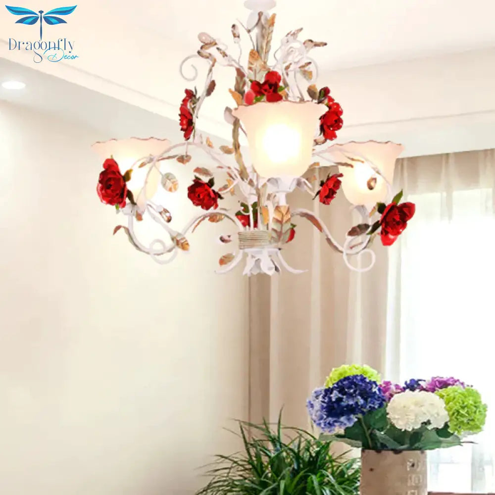 Red Rose Pendant Ceiling Light Pastoral Style White Glass 3/5/8 Heads Living Room Chandelier Lamp
