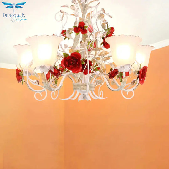 Red Rose Pendant Ceiling Light Pastoral Style White Glass 3/5/8 Heads Living Room Chandelier Lamp