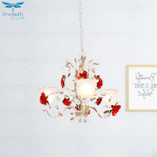 Red Rose Pendant Ceiling Light Pastoral Style White Glass 3/5/8 Heads Living Room Chandelier Lamp