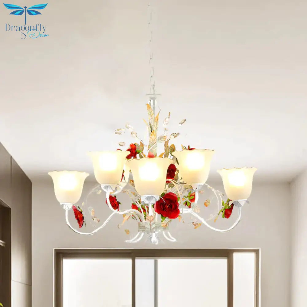 Red Rose Pendant Ceiling Light Pastoral Style White Glass 3/5/8 Heads Living Room Chandelier Lamp