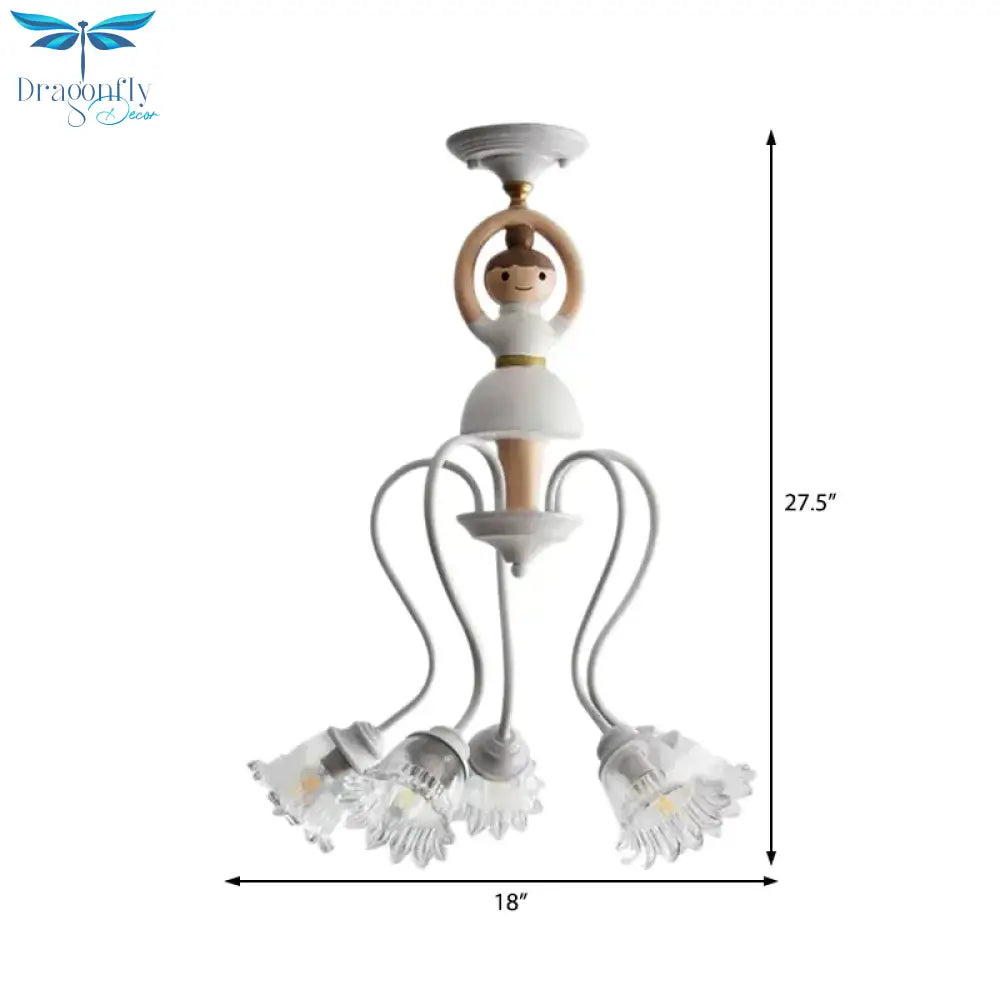 Resin Ballet Pendant Light With Flower Shade 5 Lights Creative Chandelier In White For Kindergarten