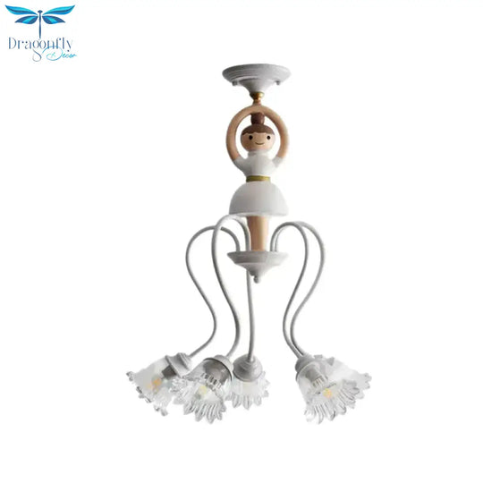 Resin Ballet Pendant Light With Flower Shade 5 Lights Creative Chandelier In White For Kindergarten